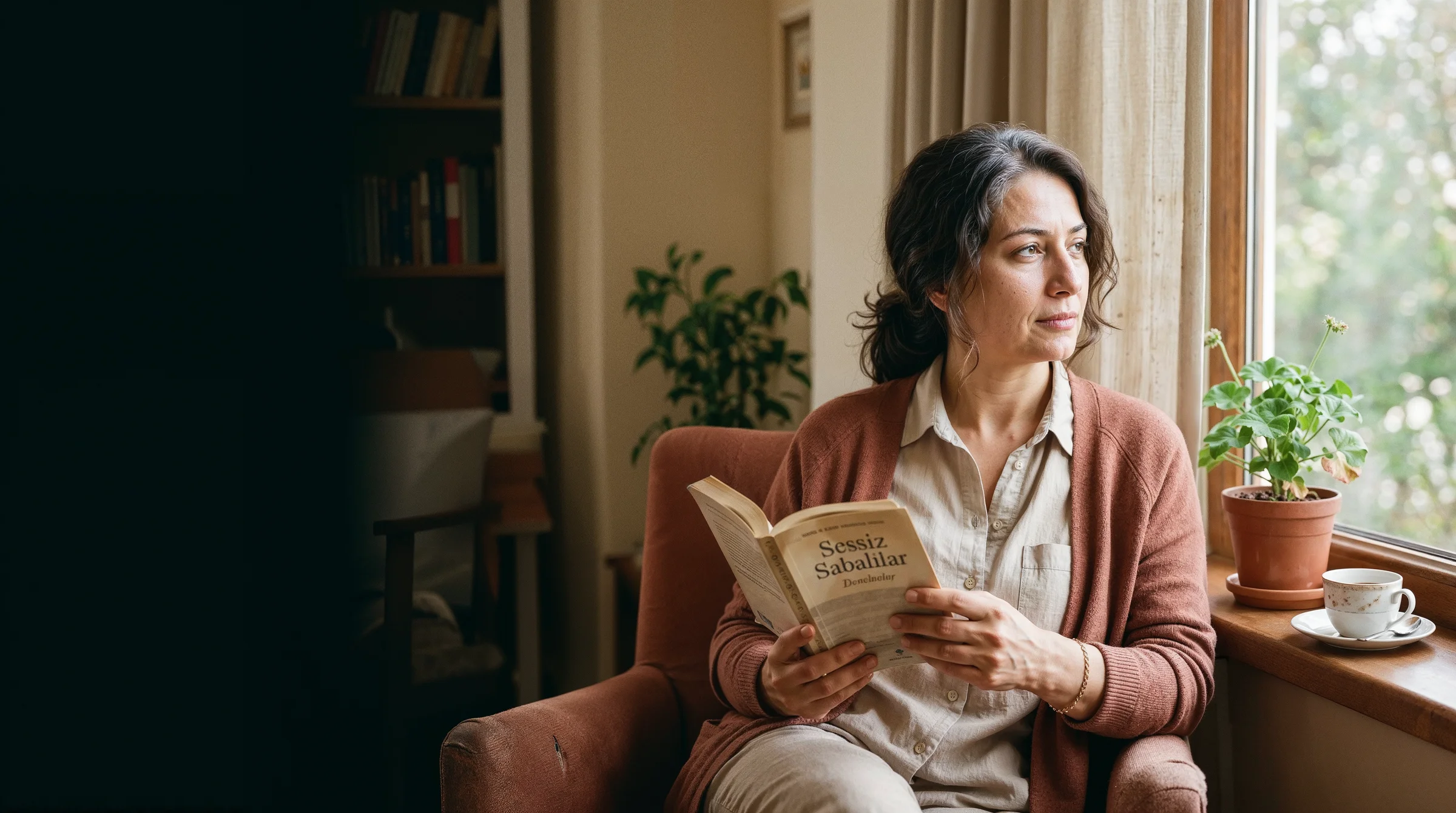 Pencere ışığında sakin bir sabah: elinde kitapla dalgın bakışlı orta yaş kadın; editöryal iç mekân