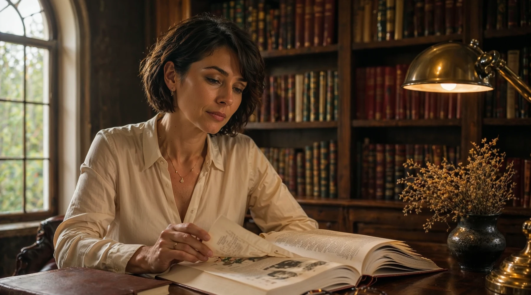 Sıcak akademik çalışma odasında bilimsel kitap üzerine eğilmiş kadın; bilimsel inceleme teması