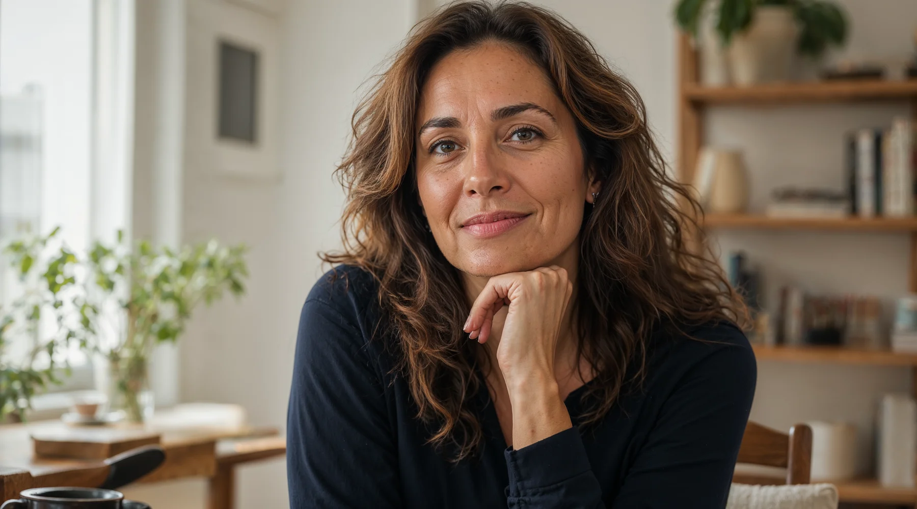 Hormonal geçiş döneminde sakin ve güvenilir bilgi teması; editöryal iç mekânda orta yaş kadın