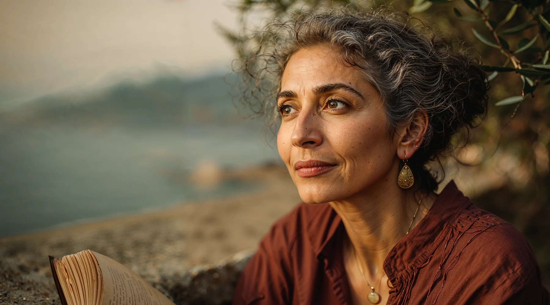 Ege kıyısında altın saat ışığında kitap okuyan olgun kadın; zamansız yaşam ve dinginlik teması