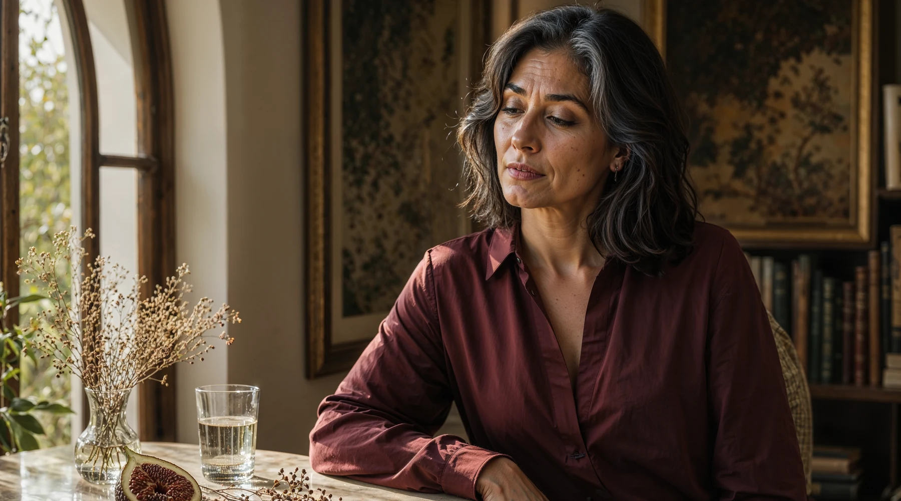 Mermer masada botanik doğa öğeleri ve pencere ışığında düşünceli kadın; hormon biyolojisi teması