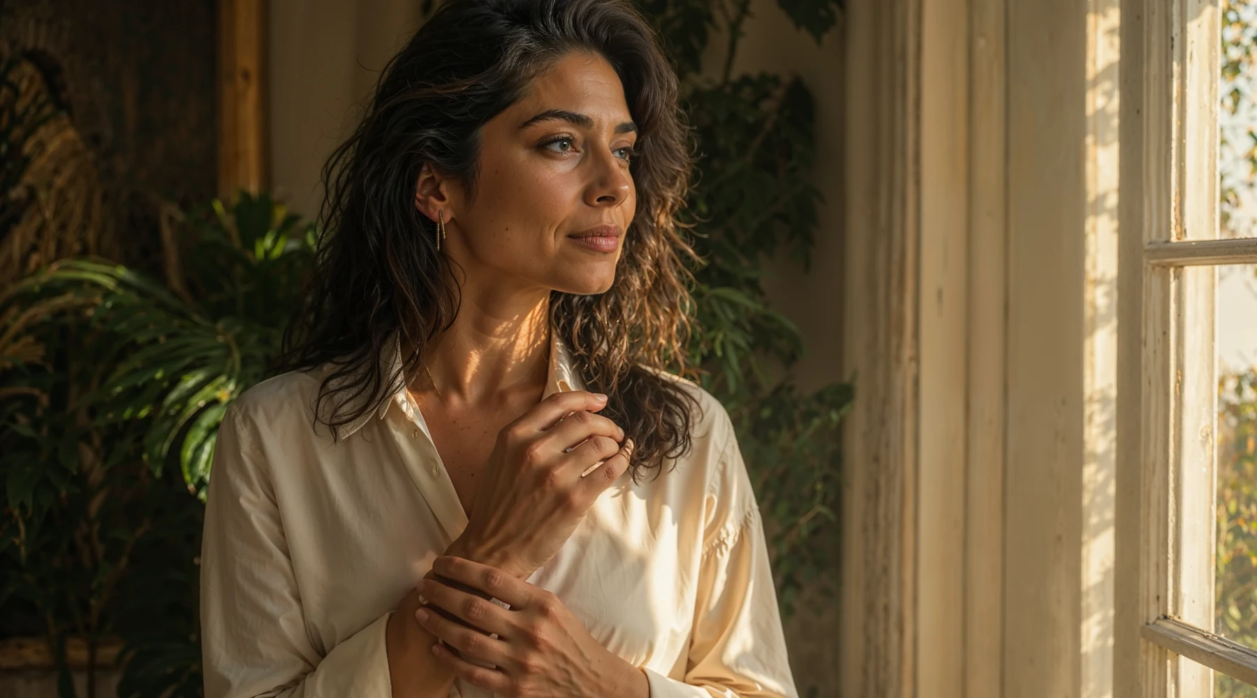 Altın saat pencere ışığında iç mekan yeşilliği önünde kadın portresi; hücresel yaşlanma teması