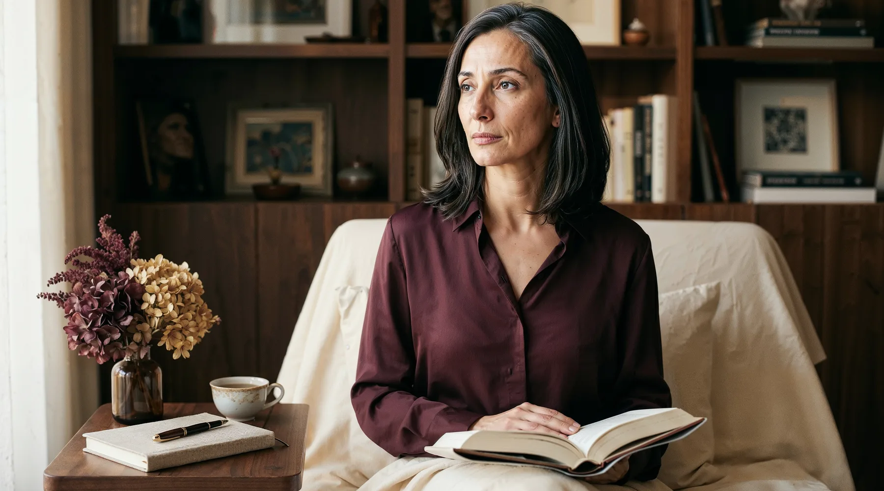 Geç ikindi ışığında sanat-dolu evinde sessiz bir okuma köşesinde oturan 51 yaş kadın, bordo ipek bluz, içe dönük dingin bakış pencereye yönelik; kucağında açık kitap, yan masada defter, dolma kalem, çay fincanı ve sade kuru çiçek düzeni; kendiyle yeniden tanışma teması