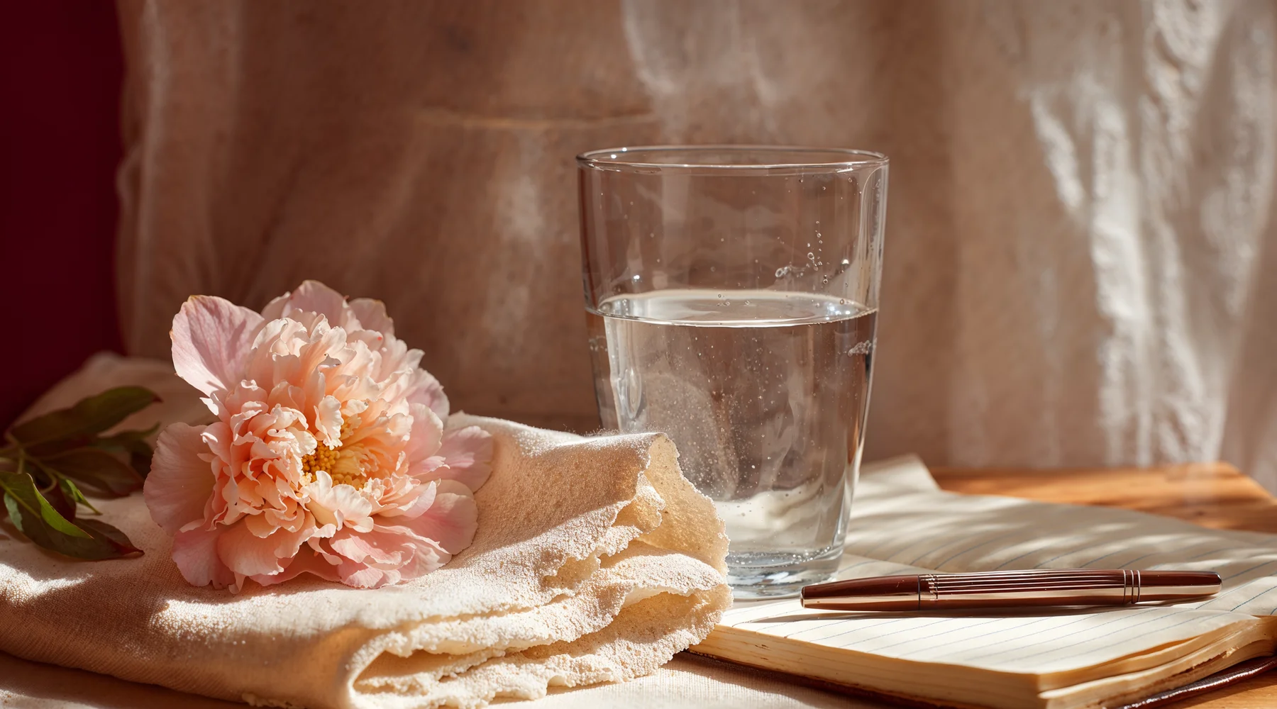 Sabah ışığında keten örtü üzerinde şakayık, bir bardak su ve katlı pamuklu bez; cinsel sağlık ve özenli bakım teması