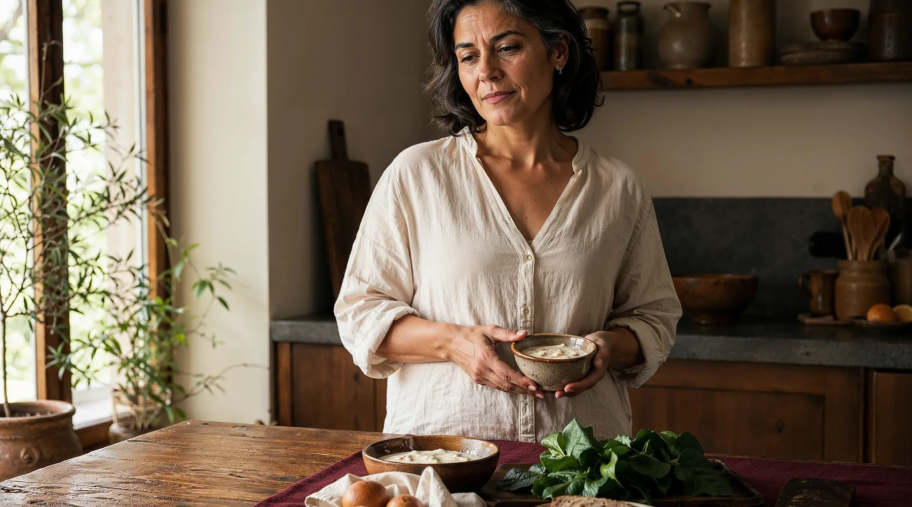 Sabah ışığında ahşap mutfak masasında elinde sade yoğurt kâsesi tutan 50 yaş kadın, masada doğal B12 kaynakları (yumurta, koyu yeşil yapraklı sebze, tam tahıllı ekmek), bordo keten kaçak; sessiz farkındalık ve bedeni dinleme teması