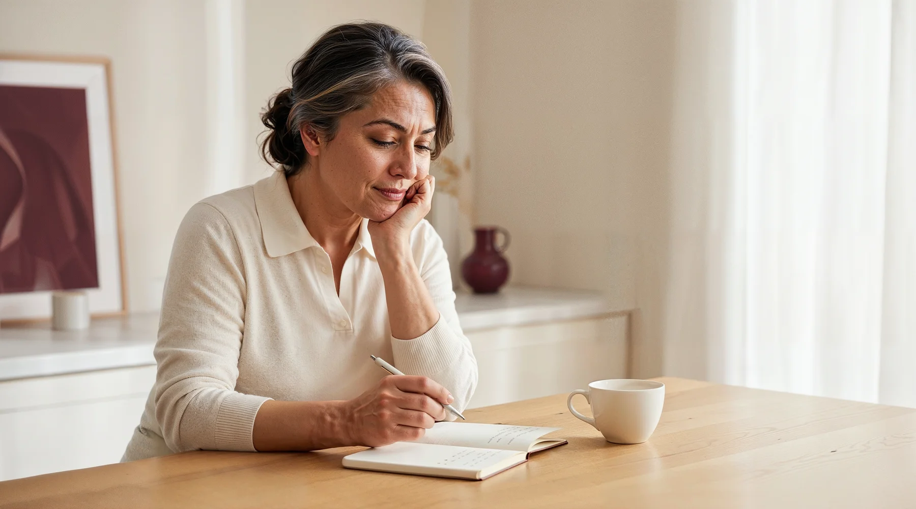 Sakin sabah ışığında ahşap masada açık not defterine yazan 52 yaş kadın, çay fincanı ve bordo aksanlı iç mekân; bilgilendirilmiş karar ve iç tartışma teması
