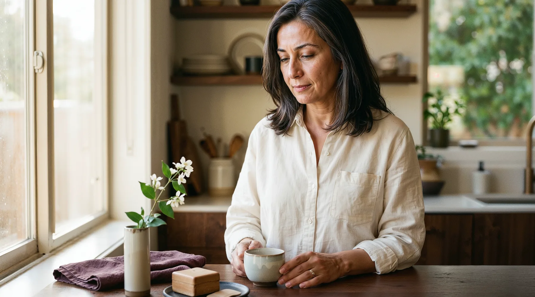 Sabah ışığında ahşap mutfak tezgahı önünde elinde sade çay fincanı tutan 58 yaş kadın, cream keten gömlek, içe dönük dingin bakış; küçük tabakta zarif amber kutu, cam vazoda Japon esinli taze çiçek, bordo keten kaçak; HRT yolculuğunda altıncı ay ve "ma" aralığı teması