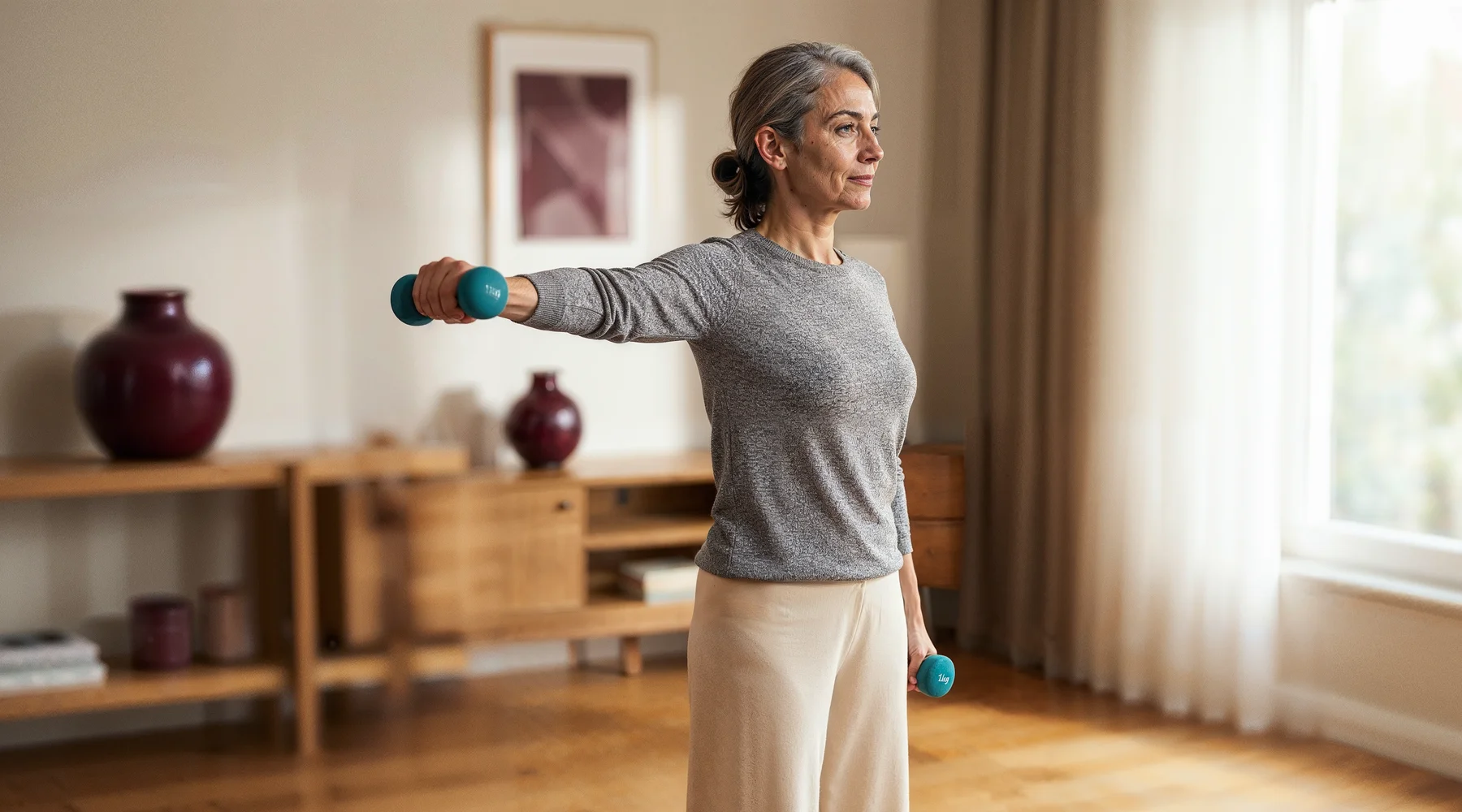 Güneş dolu salonda hafif dumbbell ile omuz hizasında yan uzatma yapan 48 yaş kadın, ahşap zemin, iki bordo vazo; evde günlük direnç çalışması teması