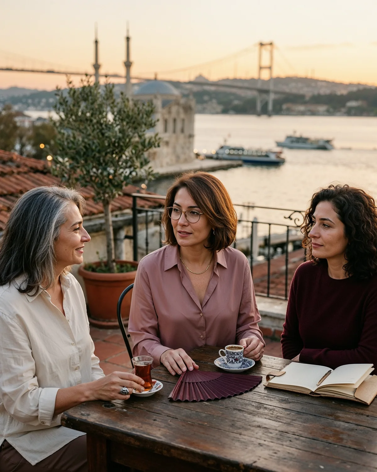 Boğaz manzaralı İstanbul terasında çay, kahve ve açık not defteri eşliğinde sohbet eden üç yaşıt kadın; menopozu panik değil, yaşanan ve konuşulabilen doğal bir geçiş olarak okuma teması