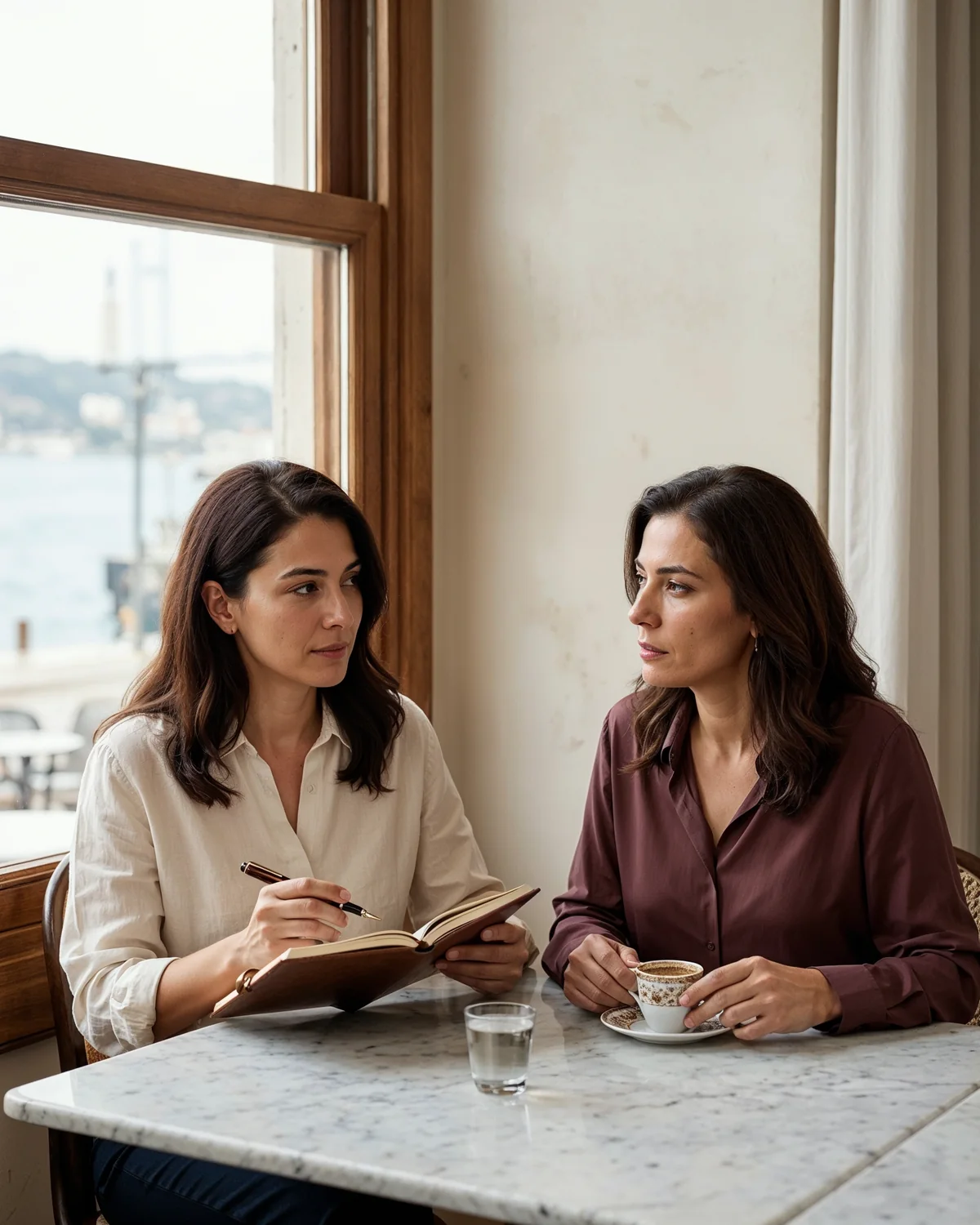 Boğaz manzaralı aydınlık bir İstanbul kafesinde açık not defteri, dolma kalem ve kahve eşliğinde sakin konuşan iki yaşıt kadın; perimenopozun ilk işaretlerini birlikte fark etme ve bedendeki değişime isim koyma teması