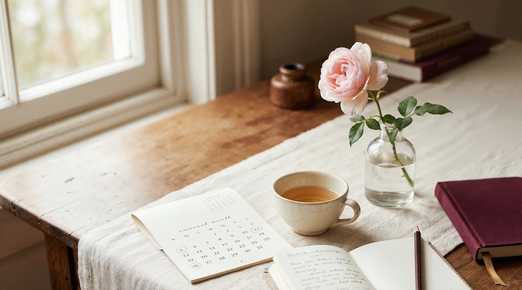 Sabah ışığında ahşap masada açık takvim sayfası, çay fincanı, açık not defteri, cam vazoda pembe gül ve bordo ciltli ajanda; kişisel düzenli sağlık takibi teması