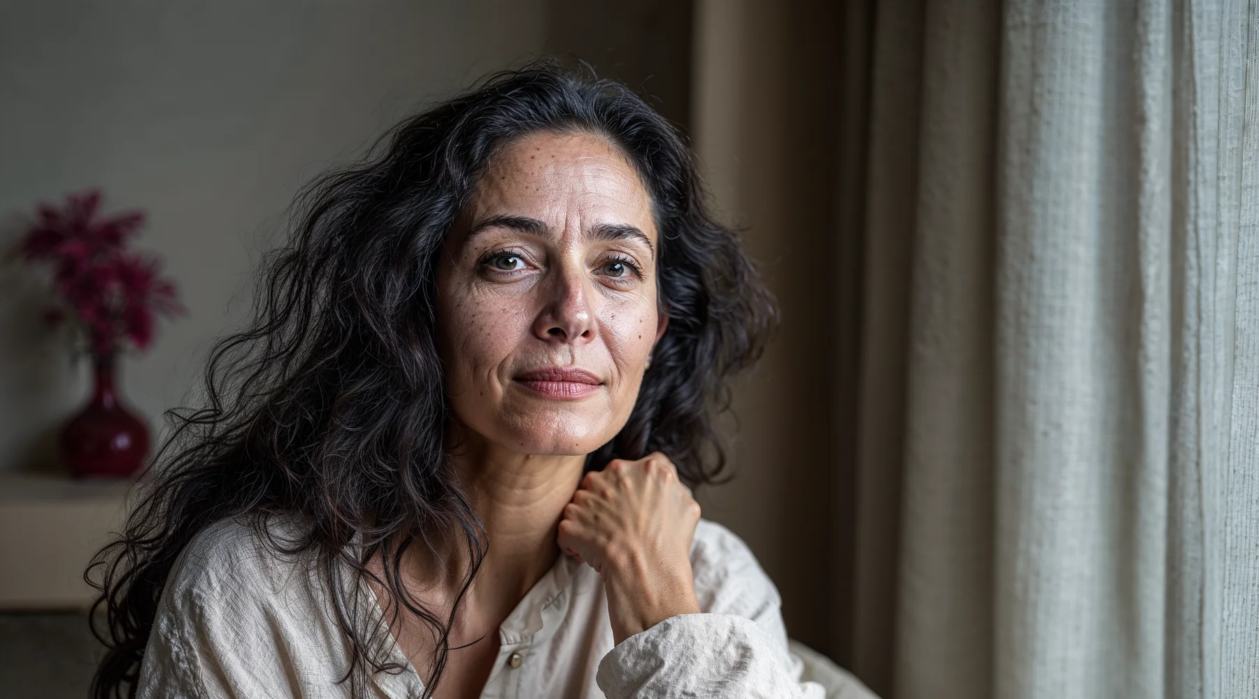 Cream keten gömlekli 40+ kadın, eli boğazında nazik öz-tutuş; bordo vazo arka planda; güvende hissetme ve bedenle iletişim teması