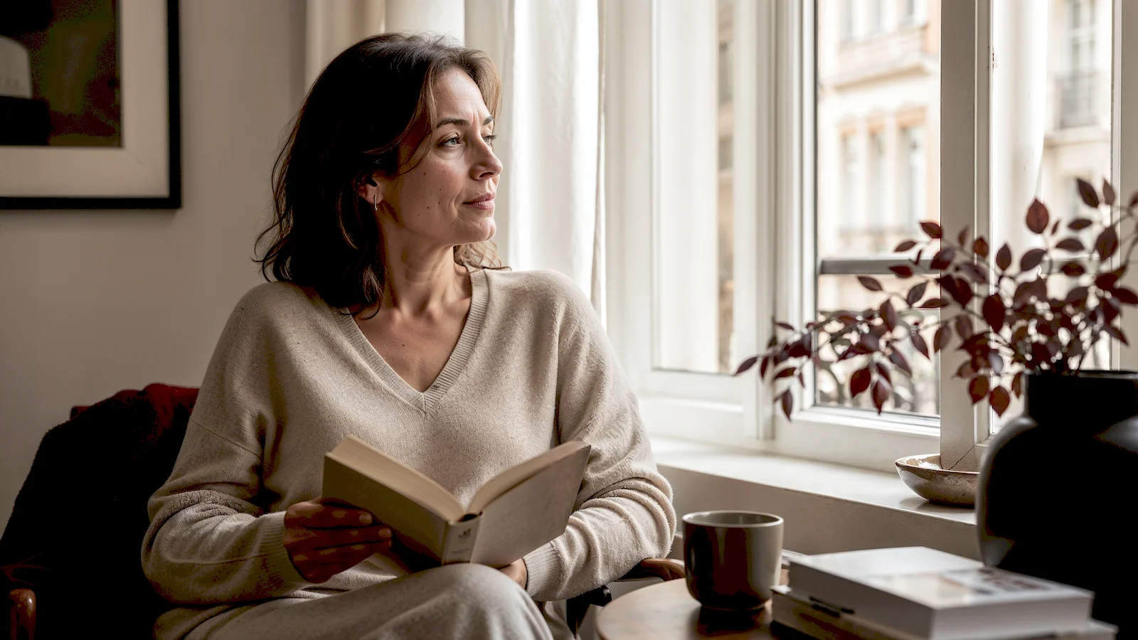 Pencere önünde sakin bir sabah, elinde kitapla dalgın bakışlı kadın; ruh hali ve duygusal denge teması