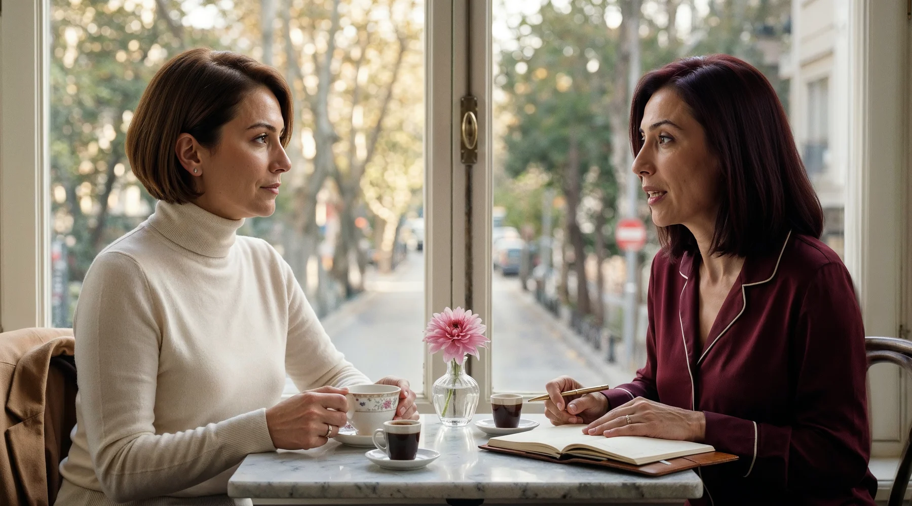 Aydınlık bir kafenin pencere kenarında karşılıklı oturan iki yaşıt kadın; birinin elinde çay fincanı, diğerinin önünde açık not defteri ve dolma kalem; bakımlı boyalı saçlar, ivory kazak ve bordo ipek bluz, mermer masada espresso ve tek dahlia; arkada ağaçlı sokak boke; tartı sayılarının ötesinde vücut kompozisyonunu yakın bir arkadaşla sakin konuşarak anlamlandırma teması