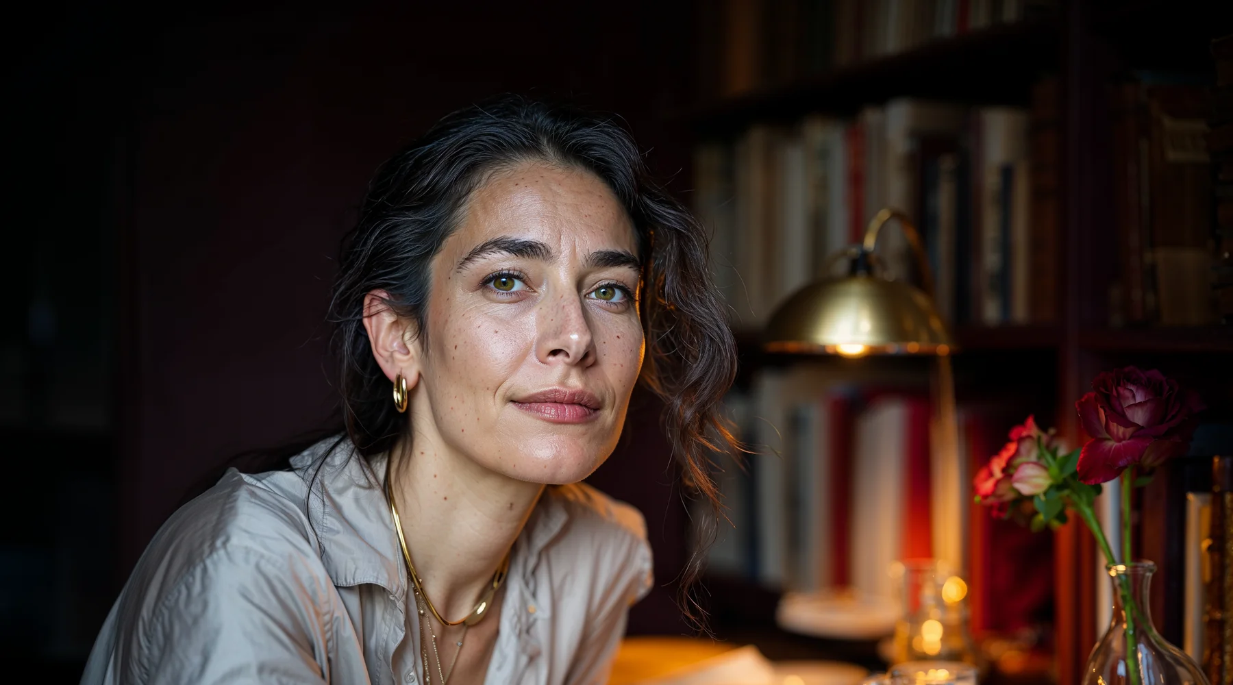 Pencere ışığında dümdüz bakan araştırmacı kadın portresi; bilgi okuryazarlığı ve eleştirel okuma teması