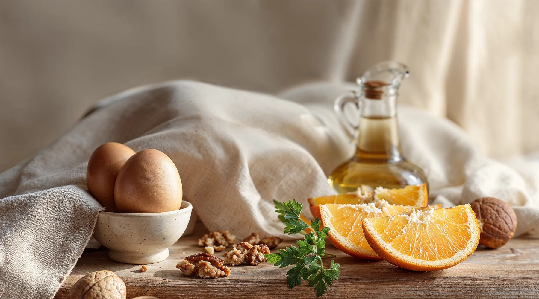 Sabah ışığında krem keten üzerinde yumurtalar, ceviz, portakal dilimleri, maydanoz ve etiketsiz zeytinyağı; beslenme ve metabolik denge teması