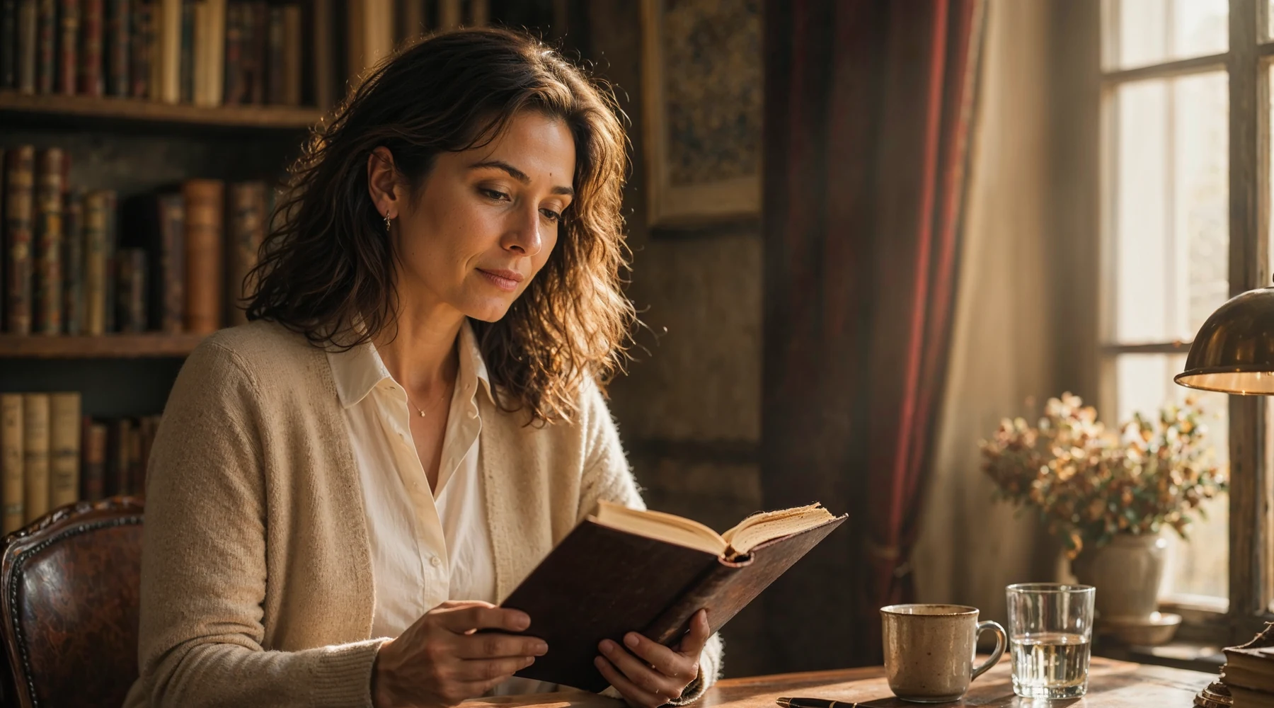 Çalışma masasında kitap okuyan kadın; kitaplık ve sabah ışığı — bilişsel sağlık teması