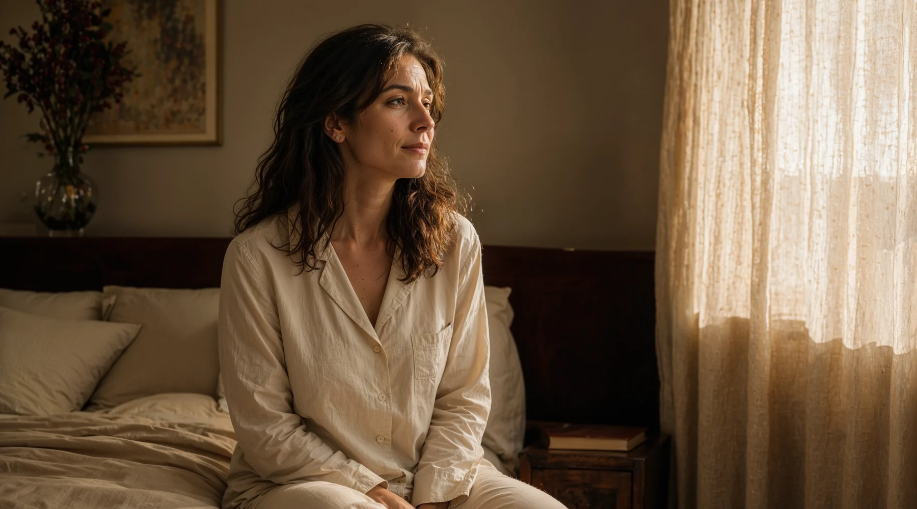 Şafak ışığında yatak kenarında oturmuş pencereye bakan kadın; uyku ve dinlenme teması