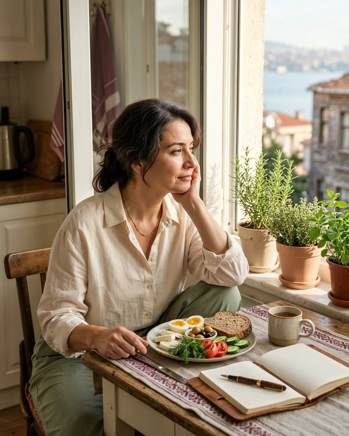 Boğaz manzaralı aydınlık mutfakta kahvaltı tabağı, kahve, açık not defteri ve kalem eşliğinde düşünen 40+ kadın; beslenme ve yaşlanmayı katı diyet değil bilinçli tabak ritmi olarak okuma teması