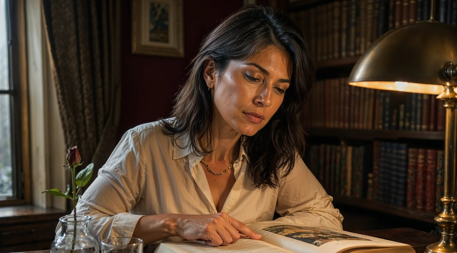 Akşam çalışma odasında açık ciltli kitap üzerine eğilmiş 50 yaş kadın, pirinç masa lambası sıcak ışık, ciltli kitap rafları bokeh; deneysel yaklaşımlara sakin bilimsel merakla yaklaşma teması