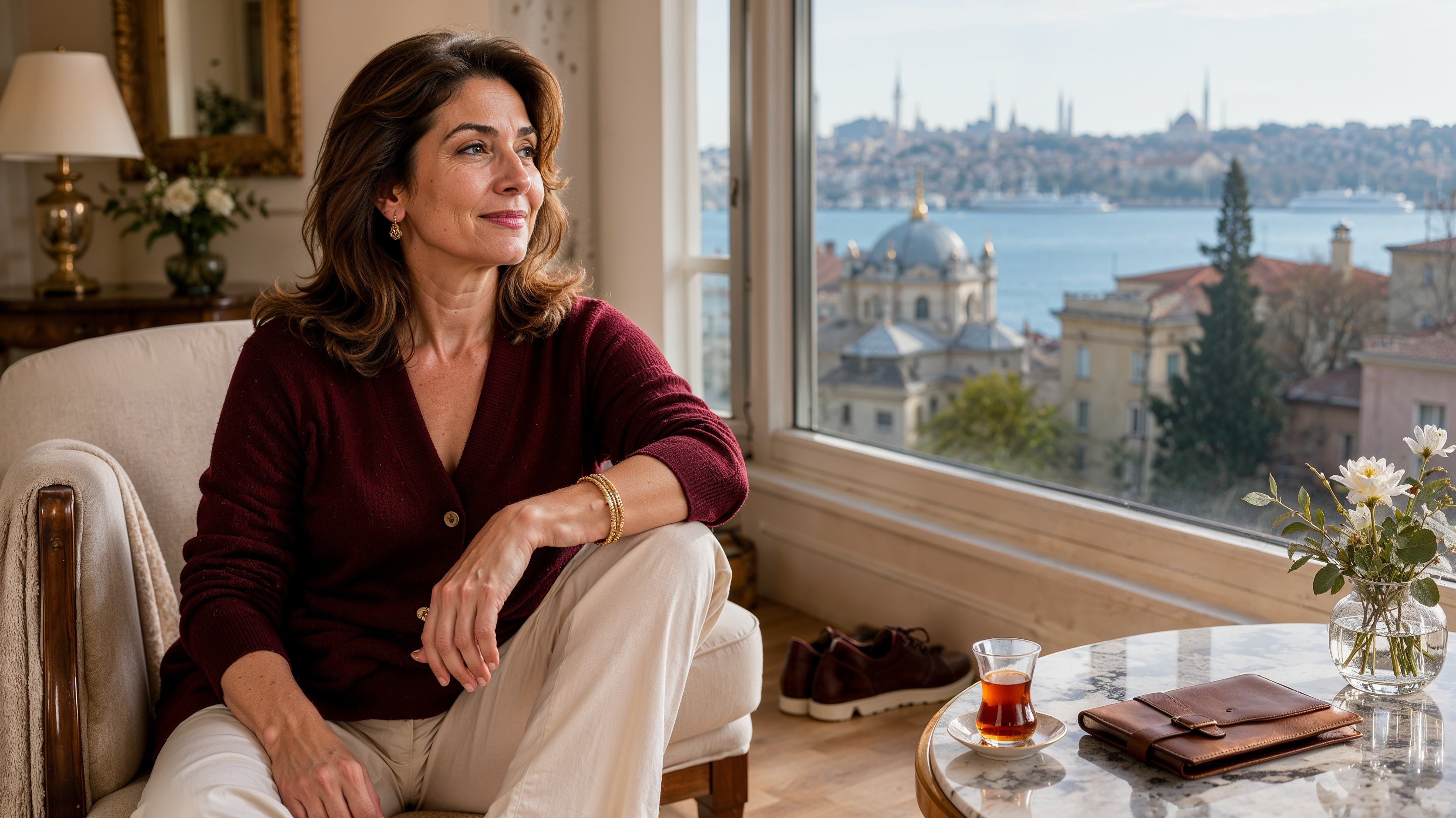 Premium editoryal tonda, sakin bir iç mekanda diz sağlığı ve ortopedik takip temasını taşıyan olgun kadın portresi; 40 sonrası diz ağrısını izlem ve müdahale dengesiyle okuma görseli
