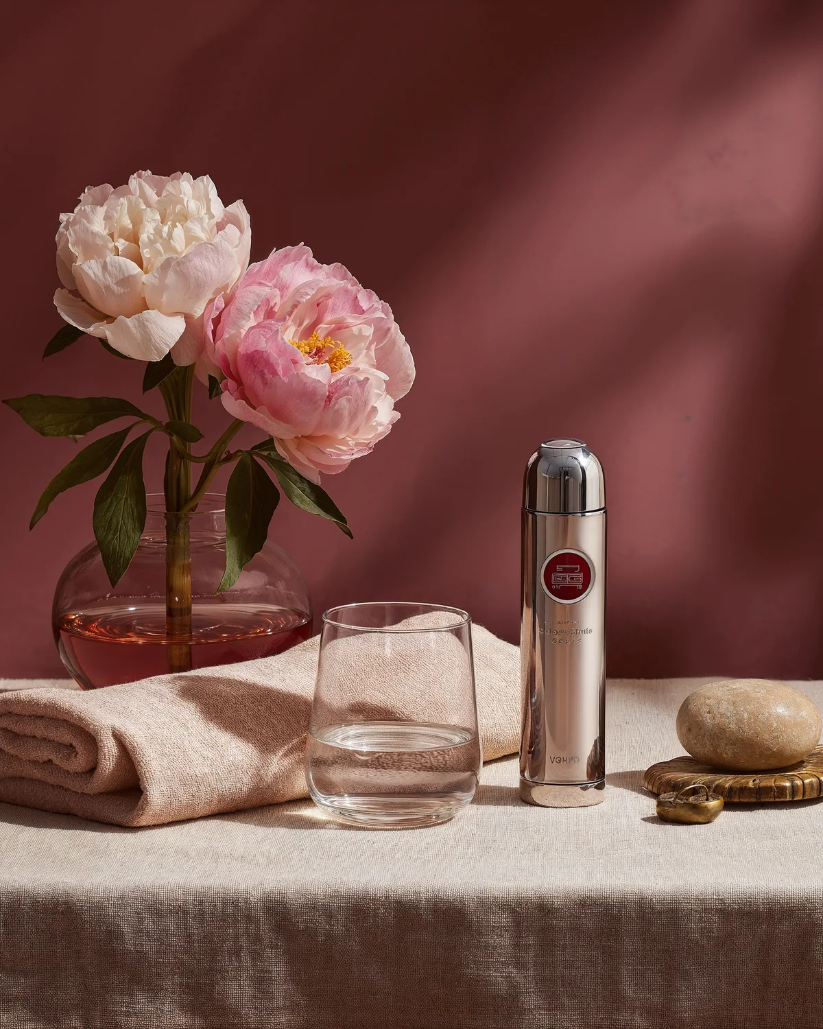 Burgundy zeminde şakayıklar, pamuklu havlu, cam su bardağı ve metalik cilt bakım cihazı ile hazırlanmış premium still-life; non-invaziv cihaz vaatlerini reklam değil kanıt sınırıyla değerlendirme teması