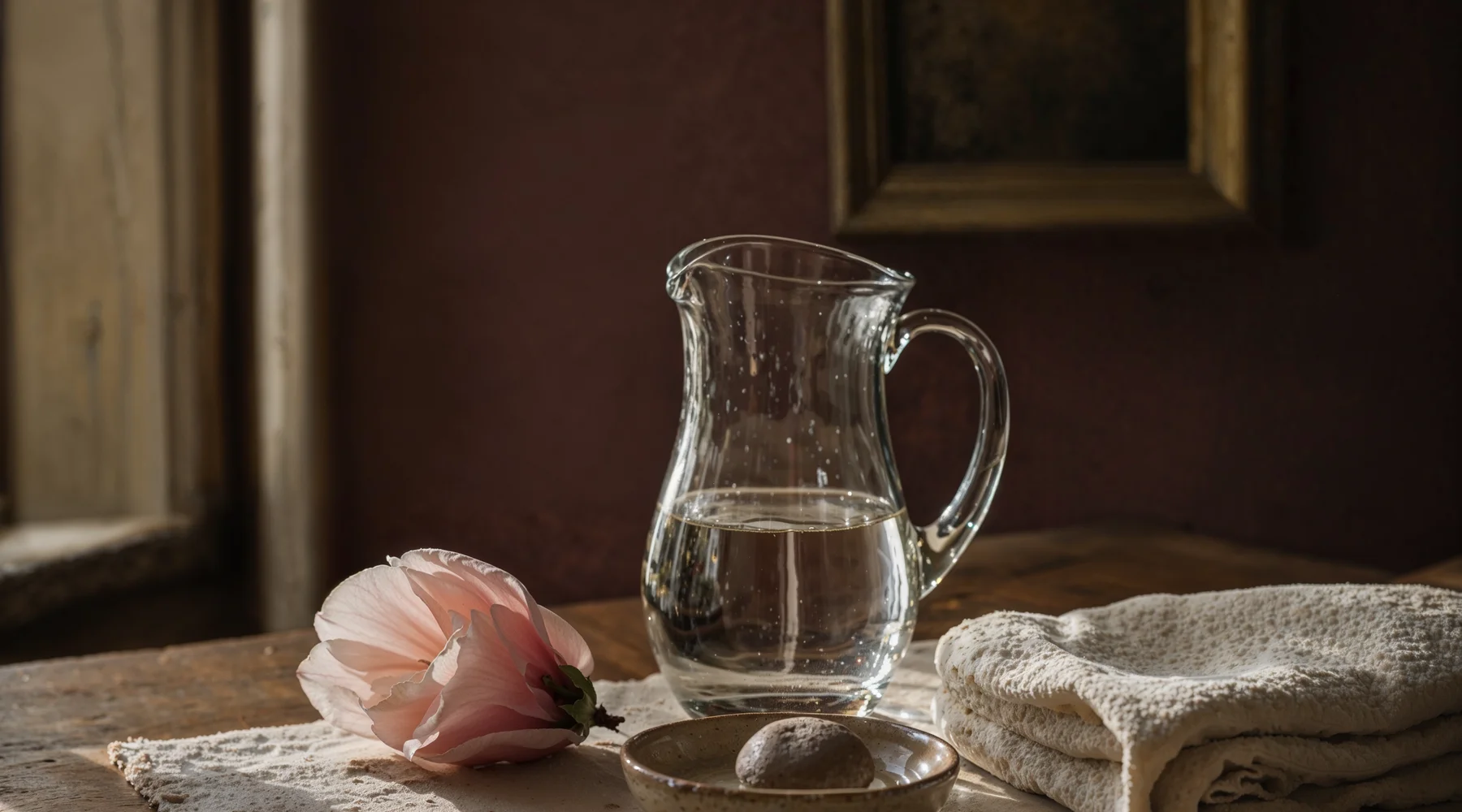 Ahşap masada keten örtü üzerinde cam sürahi, açık pembe çiçek, seramik kasede pürüzsüz taş ve katlı pamuklu havlu; bordo arka plan — pürüzsüzlük, yenilenme ve zaman metaforu