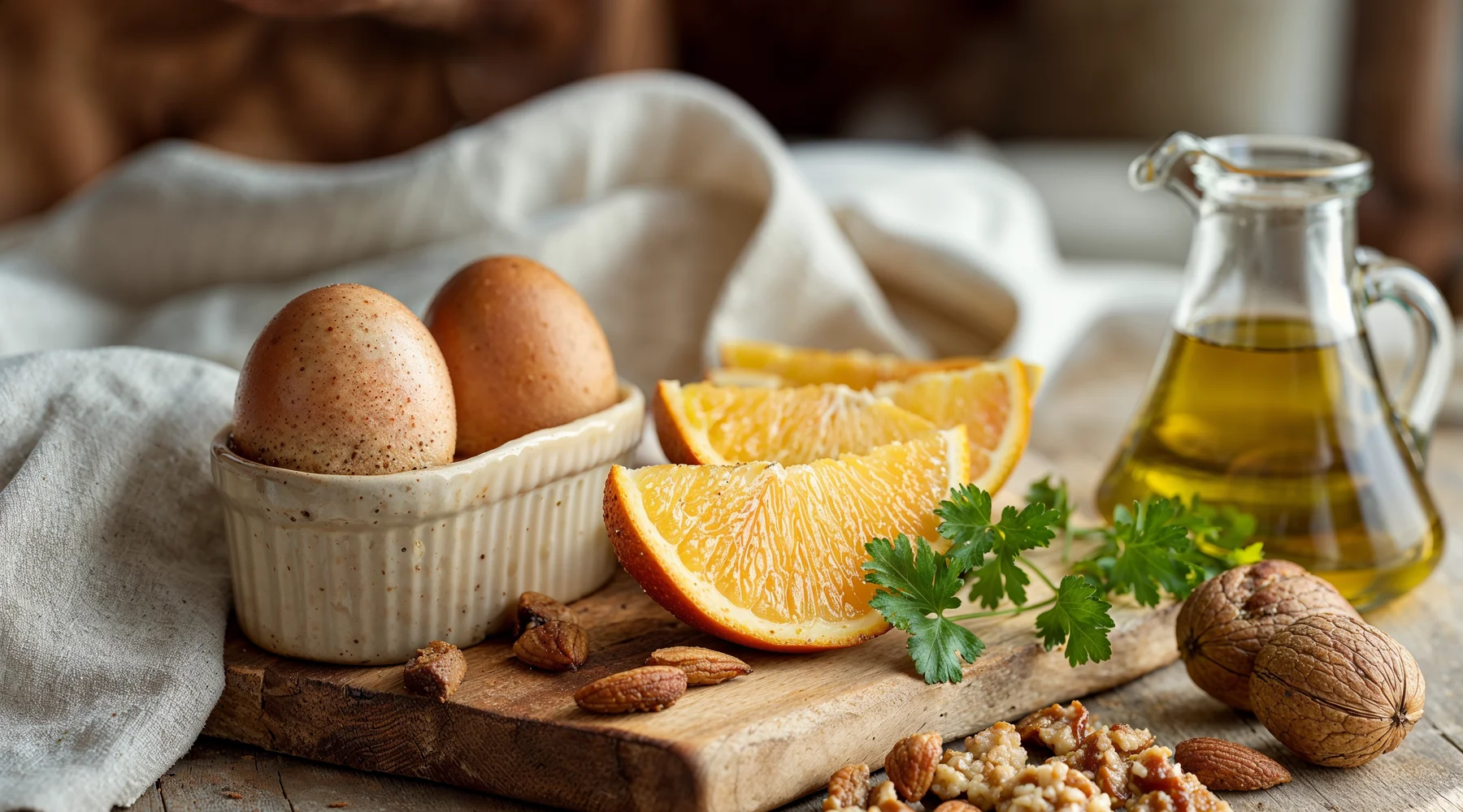 Ahşap tahta üzerinde sabah ışığında yumurtalar, portakal dilimleri, çiğ badem ve ceviz, etiketsiz zeytinyağı; vitamin kaynakları gerçek besinlerle temalandırılmış