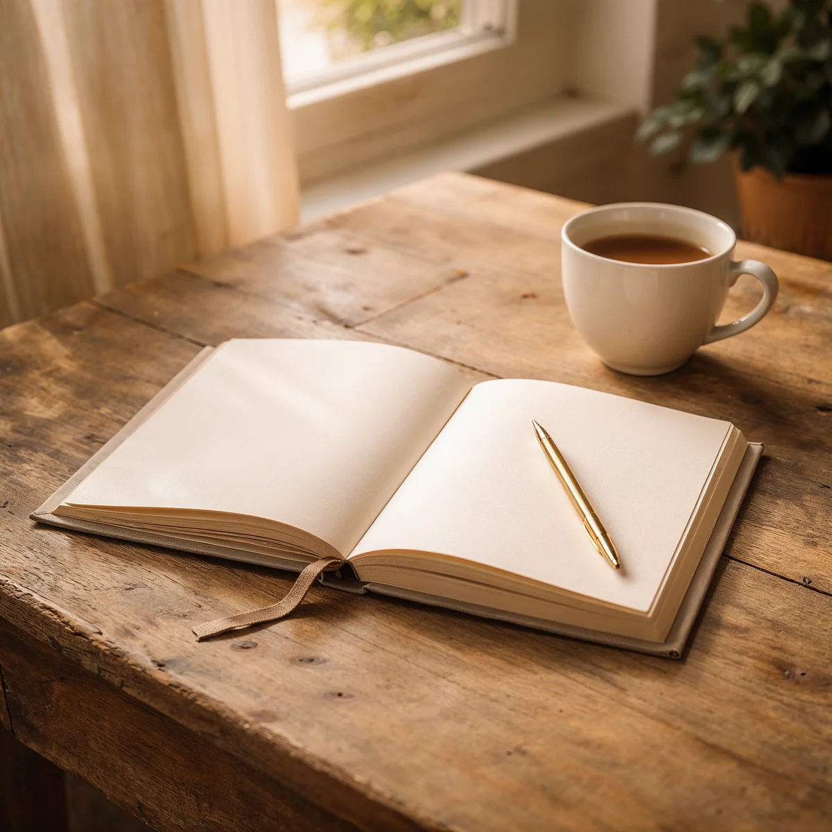 Açık bir kitap, keten kumaş ve bir fincan: sakin bir sabah ritüeli