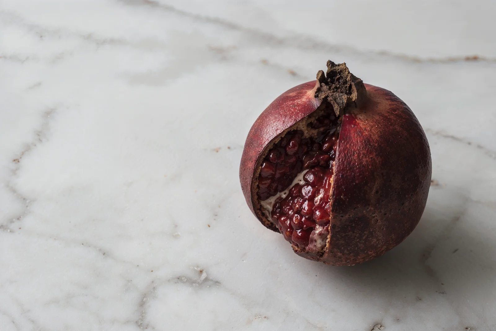 Soğuk mermer yüzeyde kısmen açılmış olgun bir nar.