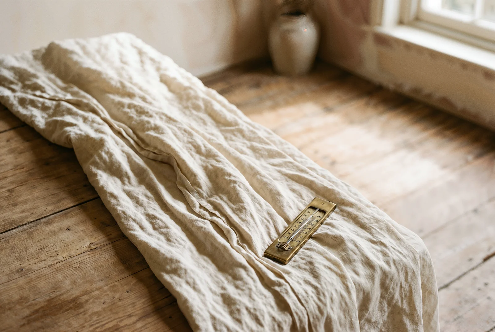 Sade ahşap zeminde buruşmuş krem keten çarşaf, üstünde küçük bir pirinç termometre, pencereden gelen yumuşak ışık.
